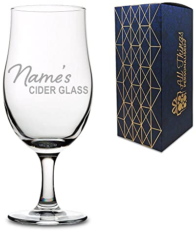 Personalised Engraved Stemmed Pint Glass with Name's Cider Glass Design, Gift Boxed, Personalise with Any Name