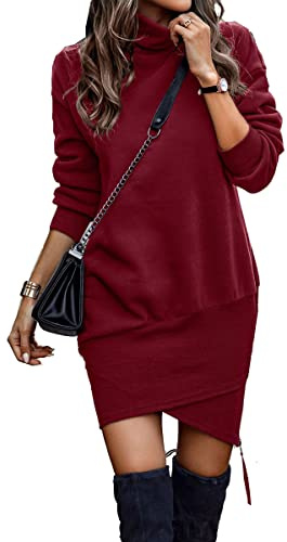 ABYOVRT Strickkleid Damen Kleider Lang Rollkragen Pulloverkleid Sweatkleid Langarm Sweatshirt Pullikleid Herbst Winter,Weinrot,M