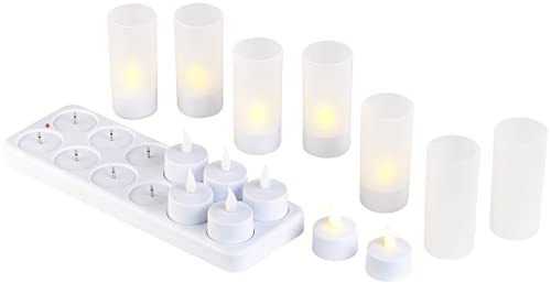 Lunartec Teelichter zum Aufladen: 12er-Set Akku-LED-Teelichter mit Kunststoff-Dekogläsern & Ladestation (Accu, LED zum Aufladen, Flamme)