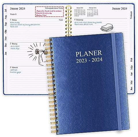 2023-2024 Planer, Juli 2023 - Juni 2024 Wochenplaner mit Monatsregistern, Gesäßtasche, elastischer Verschluss, Doppeldrahtbindung, einfache Organisation des täglichen Lebens, 15,7×21cm, Blue