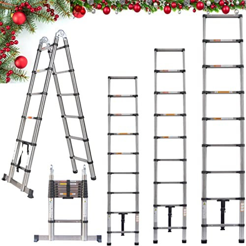 3.2M/10.5FT Telescoping Extendable Heavy Duty Stainless Steel Multi Purpose Loft Garden Roof Stair Ladder - Retractable with Safety Button, Adjustable Step, for Decorating, Painting