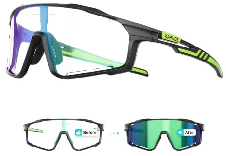 KAPVOE Selbsttönende Fahrradbrille Herren Damen K76 | Klar zu photochromatisch , UV400, Belüftung, 3-stufiges Nasenpad