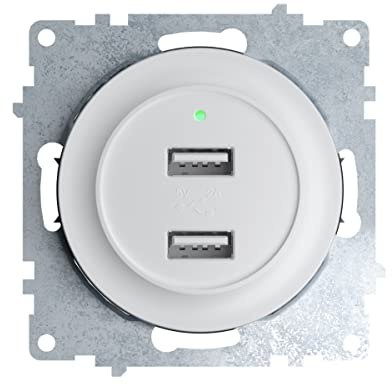 OneKeyElectro: USB Unterputz-Steckdose mit 2 Anschlüssen, Ladegerät, USB A Ladebuchsen - 230V~, 5V, 2.1 A, mit LED-Ladeindikator, rund, matt- antifingerprint, Schutzart IP20, ohne Rahmen, weiß