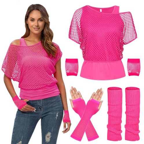 WILDPARTY 80er Jahre Fasching Fischnetz Top für Damen Tank Top Beinstulpen Fischnetz Handschuhe 1980er Jahre Kostüme Neon Schulterfrei Fischnetz T-Shirt Accessoires Retro Motto Party Cosplay