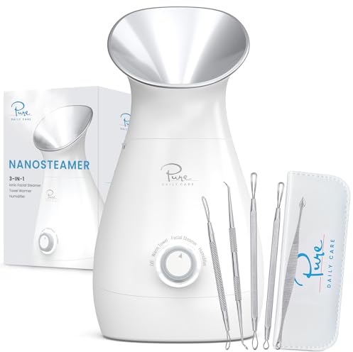 Pure Daily Care NanoSteamer Large 3-in-1 Nano Ionic Facial Steamer with Precise Temp Control - Humidifier - Unclogs Pores - Blackheads - Spa Quality - Bonus 5 Piece Stainless Steel Skin Kit (Silver)