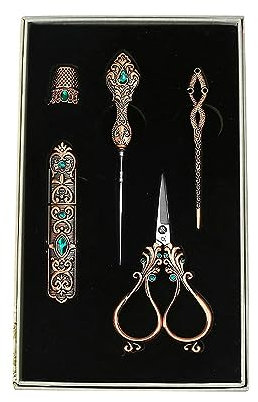 5 Teile/Set Vintage Europäischen Stil Schneiderschere Kit mit Fingerhut Stickerei Handarbeit Faden Schere für Nähen Schere (Rot Kupfer)