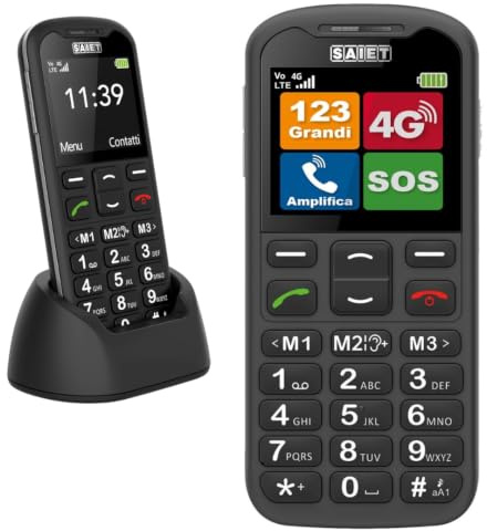 SAIET Next 4G Cellulare per Anziani con SOS, Tasti Grandi e Audio Forte | Telefono 4G VoLTE con Tasto SOS a 5 Numeri, Foto Contatti e Base di Ricarica, Display 2.2 a Caratteri Grandi - Nero