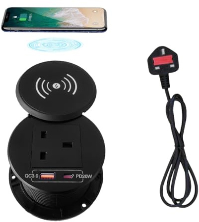 ZESHAN 15W Wireless Charger Power Grommet Desk grommet socket with USB C Fast charger and 1 UK Plug 1.5M extension Power Cord for Conference Table Desk Furniture, Black