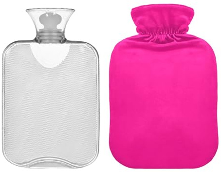 Botella de agua caliente rosa profundo con bonita cubierta, bolsas de agua caliente de 1 litro para calambres menstruales, cuello, hombros, alivio del dolor de espalda, terapias calientes y frías