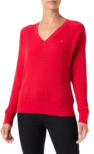 Tommy Hilfiger Jersey Mujer Cable Sweater con Cuello de Pico, Rojo (Primary Red), XS