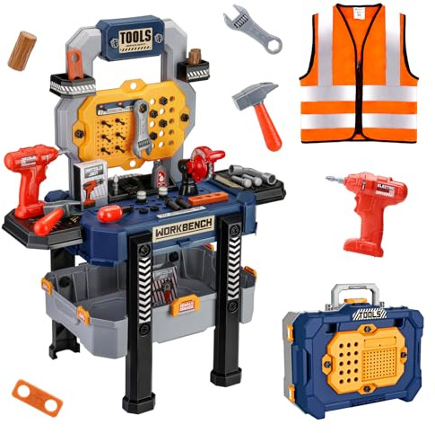 Jovow Kids Tool Bench with Realistic Tools and Electric Drill, Suitable for 3-5 Year Olds to Build Their Own Toy Workbench, 79 Pcs Realistic Toy Tools with Clothes, 32 x 26.6 x 14.4 in-Blue
