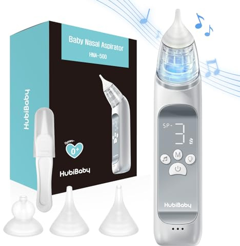 HubiBaby Nasal Aspirator for Baby, Electric Nose Aspirator, Nose Sucker, Automatic Nose Cleaner with 3 Silicone Tips, Adjustable Suction Level, Music and Light Soothing Function - FSA/HSA Eligible