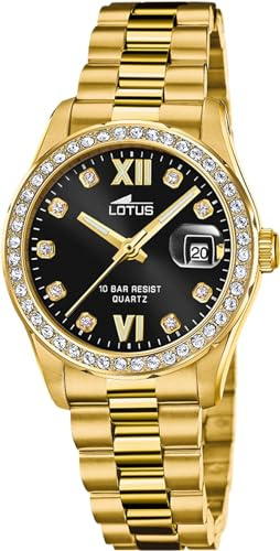 LOTUS Reloj Mujer Analógico de Acero Inoxidable 316l Dorado | Movimiento de Cuarzo, Cristal Mineral de Alta Resistencia, Resistente al Agua 10 ATM, Calendario 18979/2, Freedom Collection