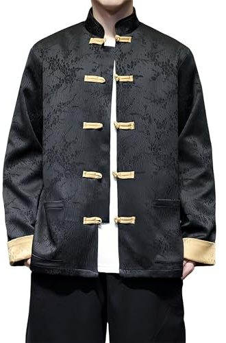 WQHANFU Tang Suit Men Jacket Chinese Hanfu Traditional Tang Suit for Men Kung Fu Shirt Uniform Long Sleeved Tops(Black-1,Medium)