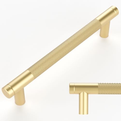 Amerdeco 10 Pack Gold Knurled Cabinet Pulls 128mm Center to Center Kitchen Cabinet Handles for Drawer Dresser, Cupboard and Wardrobe AM003
