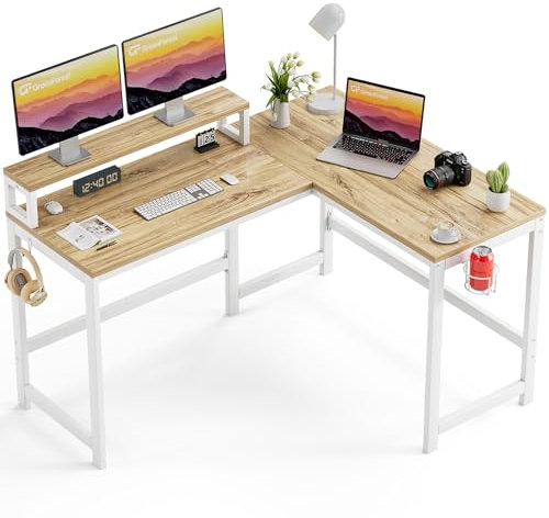 GreenForest Gaming Tisch L Form 128cm Eckschreibtisch mit großem Monitorständer Computertisch mit Becherhalter und Headset-Haken Gaming Schreibtisch PC Tisch, Beige