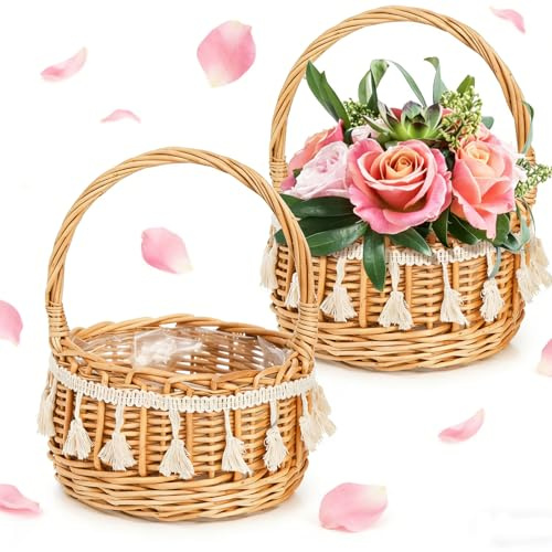 WRINGKIT 2 Pack Flower Girl Basket, Small Wicker Basket with Silk Petals, White Ribbon, Plastic Liner, Decorative Woven Willow Rattan Basket for Wedding, Gifts, Camping, Home Decor