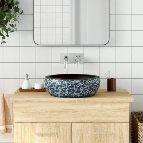 Tidyard Vasque à Poser Noir et Bleu Rond Φ41x14 cm céramique, Évier de Comptoir Vasque à Poser, Lavabo de Salle de Bain pour Toilette, WC d'invités