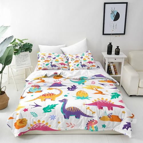 ANHOPE Dinosaur Duvet Cover Set Soft Lightweight 3 Piece Bedding Set with 2 Pillowcases Cute Cartoon Animal Dino Print Pattern Kids Boys Girls Quilt Cover with Zipper Closure Single