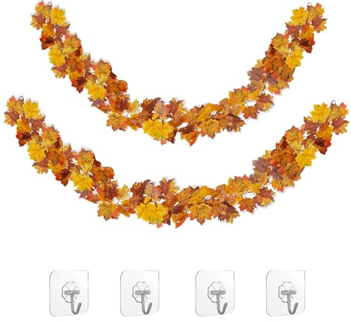 RHQFDM 2Pcs Künstliche Ahornblattgirlande, Herbstdeko Tisch (Spätherbst) | 178 cm Herbstblättergirlande mit Haken, für Wohnzimmer, Haustür, Balkon & Halloween, pflegeleicht, wiederverwendbar