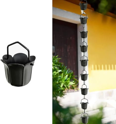 Regenketten-Set mit Blumenmotiv, Aluminiumlegierung, Regenfänger, Kettenbecher für Dachrinnen, Ersatz für Dachrinnen, Fallrohr, Leitwasser, Schwarz, 1 m