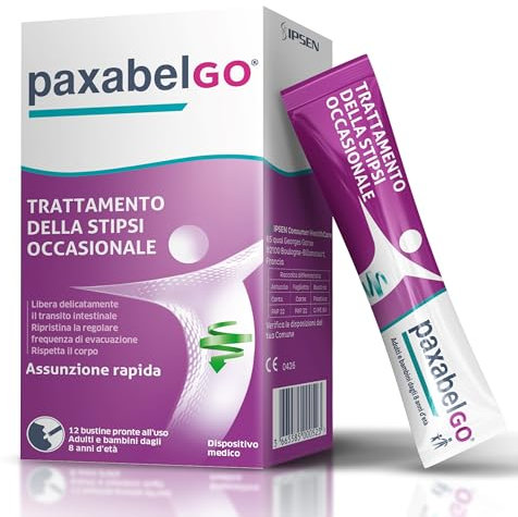 PaxabelGO - Lassativo Adulti Bambini 8+, Stick da Bere a Base di Macrogol 4000(10g), Dispositivo Medico CE0426 contro Stitichezza Occasionale e Benessere Intestino, 12 Buste Lampone, no Zucchero/Sodio