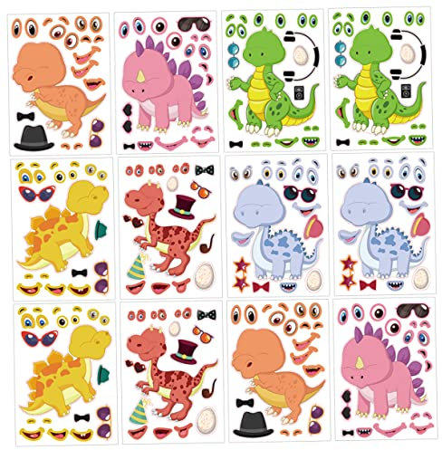 KONTONTY 12blätter Dinosaurier-Aufkleber Cartoon DIY Party Dekoration Wiederverwendbare Sticker Tiere Junge Mädchen Geschenk Requisiten Puzzle Muster Gesichtsaufkleber