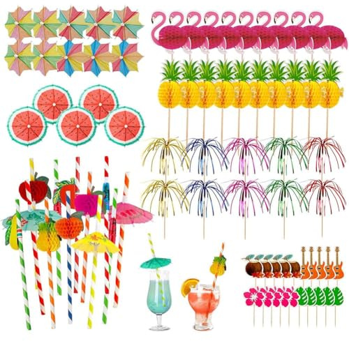 Lot de 90 décorations de fête pour cocktail, feu d'artifice, parapluie, cure-dents 3D, flamant rose, ananas, bâtons à cocktail, pailles de fruits, décorations de fête tropicales hawaïennes