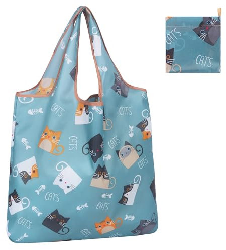 Large Foldable Shopping Bag - 100% Nylon Waterproof Tote Bag, Reusable Eco-Friendly Grocery Bag with Pouch, Compact Pocket-Sized Design for Daily Use, Travel & Shopping (Cool Cat)