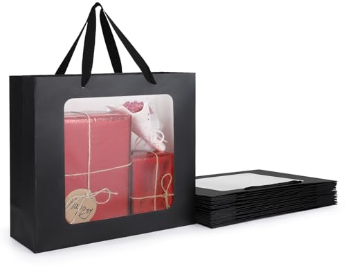 EUSOAR Geschenktüte mit Sichtfenster - 10 Stück Papiertüten mit Henkel - 32x11.5x28cm L Schwarz Geschenktüten Groß - 210GSM Papier Tüten Gift Bags - Party Geschenktaschen Durchsichtig
