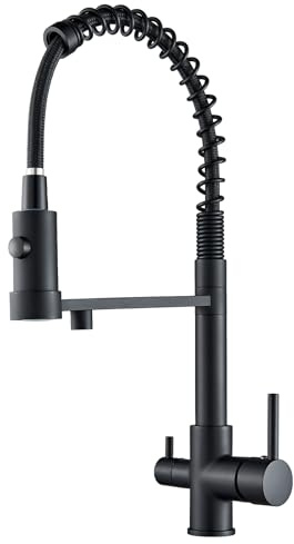 Hevenaov Robinet de cuisine 3 voies avec douchette extensible, rotatif à 360°, Mitigeur De Cuisine Pour Filtre à Eau, 2 En 1 Mitigeur Évier Cuisine avec double levier, acier inoxydable noir