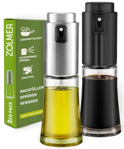 2X Kompakter Ölsprüher für präzise Dosierung 100 ml Mix | 2 nachfüllbare Sprühflaschen aus Glas und Edelstahl, BPA-frei, für Heißluftfritteuse, Kochen und Grillen