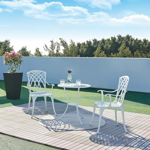 casa.pro Set de Bistrot 3 Pièces avec Table Ronde et 2 Chaises Ensemble de Meuble de Jardin Balcon Patio Terrasse Trou de Parasol Capacité 120 kg en Fonte d'Aluminium Blanc