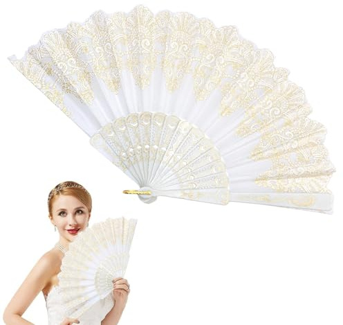 BelleVive Faltbarer Fächer, chinesischer Handfächer, Handfächer für Frauen, faltbar, groß, handgefertigt, tragbar für den Sommer, Tanzen, Cosplay, Party, Hochzeit, Kirchentanzen (Weiß)