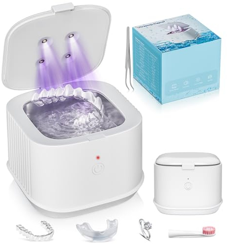 Pulitore ad ultrasuoni per protesi, 50 kHz, per allineatori, guardie notturne, bretelle, spazzolino da denti, gioielli e altro ancora, 300 ml (bianco)