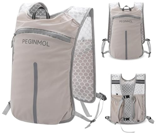 Peginmol Laufweste für Herren & Damen, Leicht Trinkrucksack mit Verstellbarem Brustgurt & Hüftgurt, Laufrucksack mit Reflektierenden Streifen Großem Rückenfach für Laufen, Outdoor, Marathon, Grau