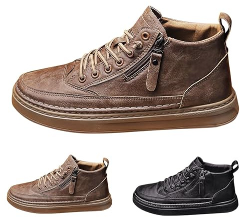 Chaussures montantes en cuir pour homme - Chaussures de planche décontractées pour homme - Chaussures plates durables - Baskets de randonnée légères avec fermeture éclair latérale - Baskets cargo