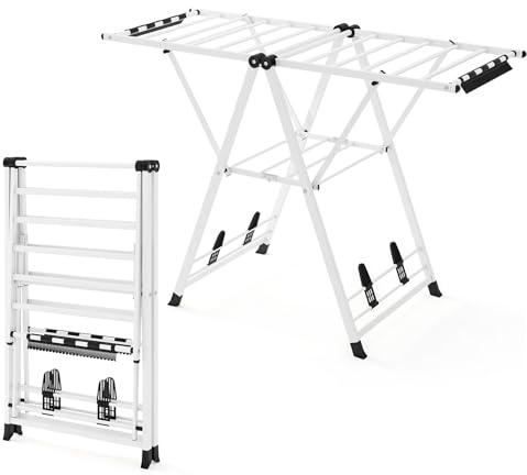HOMASIS Wäscheständer klappbar, Standtrockner mit höhenverstellbaren Flügeln, Wäschetrockner Trockenständer mit Ablage & 4 Schuhhalter, Flügelwäschetrockner für Innen & Außen (Beige, 141 cm)
