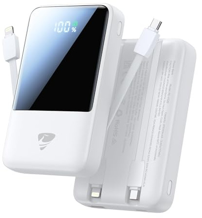 Aioneus Power Bank 20000mAh, Powerbank mit integriertem Kabel, 22,5W Schnellladefunktion, USB-C EIN-/Ausgang, LED-Anzeige, Externe Handyakkus für iPhone 17 16 15 14 13 12 11, Samsung iPad AirPods