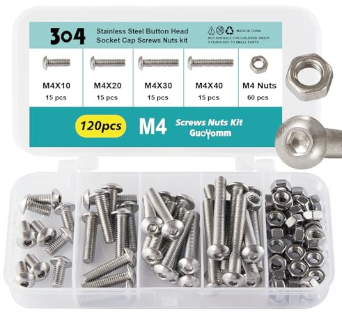 GuoYomm Set di viti M4, 120 pezzi, viti a esagono incassato, dadi a testa cilindrica, in acciaio inox 304, set di bulloni meccanici, in scatola combinata, lunghezza: 10 mm, 20 mm, 30 mm, 40 mm