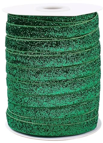 CABODYALS Ruban de Velours Vintage Vert 45.72 m 9.5mm Paillettes Métalliques Brillantes Simple Face Étroite avec Bobine pour Couture Fabrication de Couronnes de Sapin de Noël Vêtements Décoration Bric