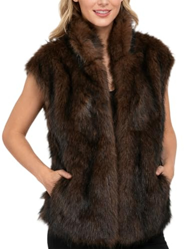 Amazhiyu Gilet in pelliccia sintetica da donna, cardigan invernale aperto sul davanti con tasche, senza maniche, scollo a V, gilet soffice, Marrone, XL