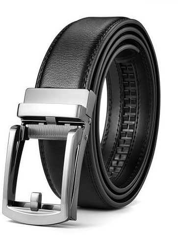 COONE Cinturón de cuero negro para hombre, cinturón automático para hombres, 130 cm de longitud, cinturón de trinquete para hombre, cinturón de cuero ajustable, negro, cinturón de cuero para hombre
