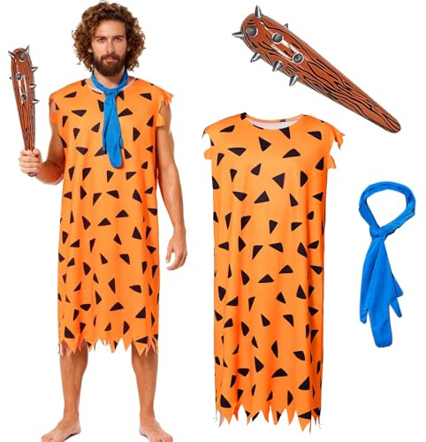 Crittygo Caveman Costume for Adults Men, Caveman Outfits with Blue Scarf, Inflatable Mace, Prehistoric Stone Age Cavemans Cosplay for Halloween Costumes Men