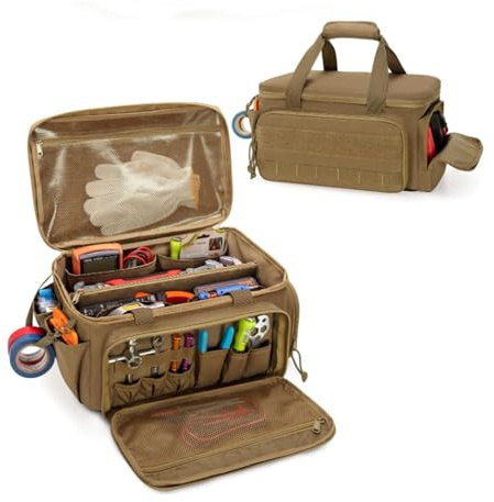 Heavy Duty Tool Bag with Wide Mouth, Large Tool Organiser for Electricians, Multi-Pocket Tool Storage Bag with Shoulder Strap, Tear-Resistant Nylon Work Bag for Mechanics & DIY (Brown, 15in)