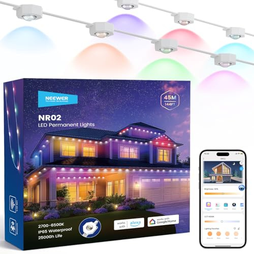 NEEWER 144ft Permanent Outdoor Lights for House Decor, Smart AI RGBCW Outside Eaves String Christmas Lighting with 90 LED Lights App Control 50+ Scenes IP65 Waterproof, Compatible with Alexa, NR02