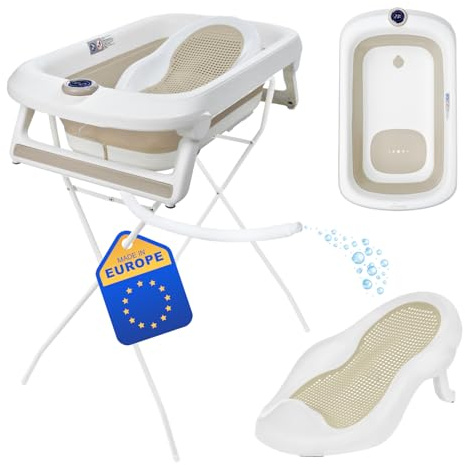 Primabobo LUX Bade-Set für Babys mit Faltbarer Babybadewanne, Elektronischem Thermometer, Badesitz und Gestell, Komplettes Babybad Set für Neugeborene, Beige