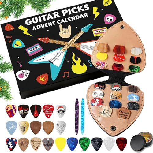 Gitarrenplektren Adventskalender 2025, 24-Tage-Countdown-Gitarren-Adventskalender mit 20 Zelluloid- & Holz-Plektren, 2 Oud Plektren, Plektrenhalter & Metalldosenetui, Geschenk für Gitarre, Bass