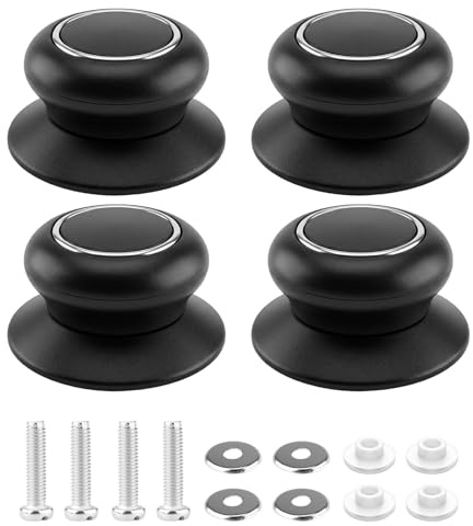 QEAS 4 Stück Topfdeckelgriff, Topfdeckel Griff Universal, Topfdeckelknopf Hitzebeständige mit Schrauben, Bakelit Deckel Ersatzgriff Handgriff für Langsamkocher, Pfannen, Bratpfannen, Schwarz