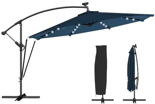Outsunny Parasol Excéntrico con Luces LED Solares Ø345 cm | Sombrilla de Jardín de Aluminio, Base Cruzada, Manivela, Funda Protectora, Cuerdas de Viento, UPF50+, Terraza Exterior